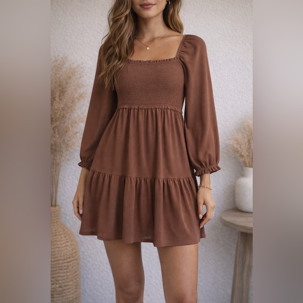 Wilfred Aritzia Smocked Puff Sleeve Mini Dress Brown Size M Cottagecore